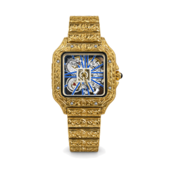 Engraved Gold-Tone Square Watch with Blue-and-White Dial